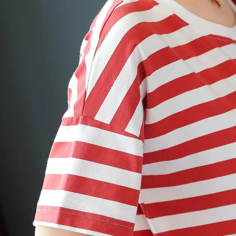 Cotton Fabric Loose Mid-length Striped Pocket T-shirt Skirt Covering The Flesh and Slimming Short-sleeved Dress Women's Loose Striped Straight Dress