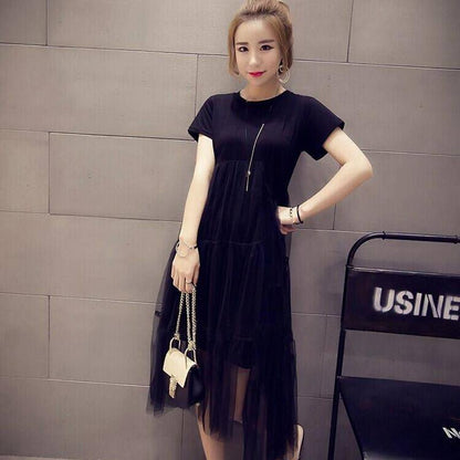 Mid-length Belly Mesh Stitching Dress Summer Dress Plus Size Fat Sister Loose and Thin T-shirt Skirt