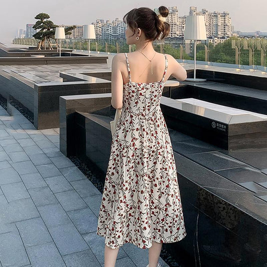 Floral Sling Dress Artificial Ice Silk Fabric Cool and Breathable A-line Skirt Mid-length Skirt Slim Female Sling Halter Dress