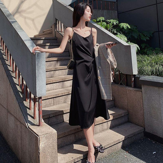 Female Summer V-neck Satin Medium Length Simple Casual Light Mature Style Korean Elegant One Piece Bottom Strap Dress