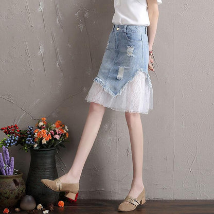 Women Summer Denim Stitching Mesh Tassel Irregular Short Skirt Vintage Slim Elegant Streetwear A-line Casual Skirt
