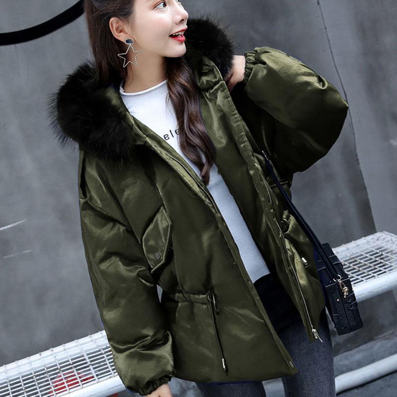 Autumn Winter Women's Cotton Jacket Hooded Parkas with Fur Collar Casual Drawstring Thick Shiny Winter Jacket