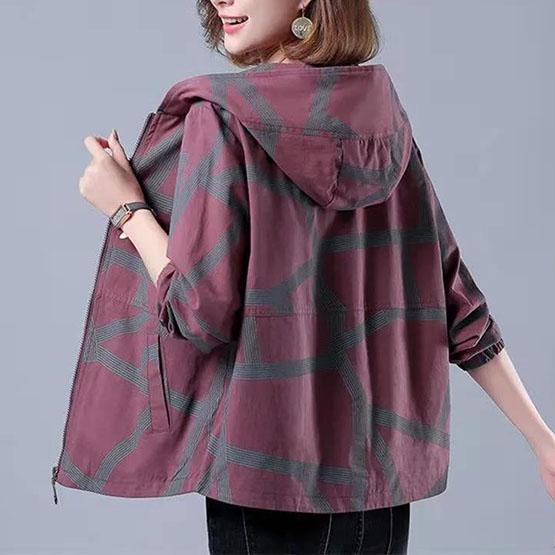 Women's Spring and Autumn Large Size Short Coat Loose Printed Zipper Jacket Female Long Sleeve Casual Hooded Coats