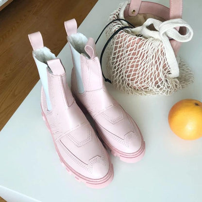 Women Boots Platform Chunky Shoes Black Pink Leather Chelsea Boots Ankle Booties Fashion Goth Punk Boots Woman Shoes