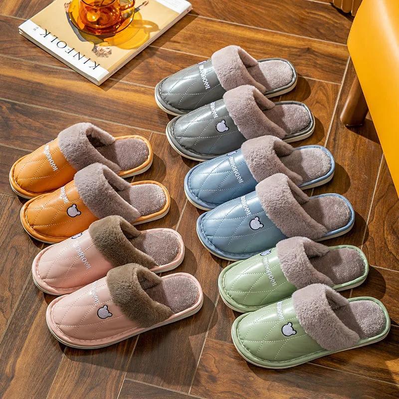Women Winter Slippers Pu Leather Fleece Thick Warm Plus Size Men Slides Home Casual Cotton Shoes Pink Slippers Women