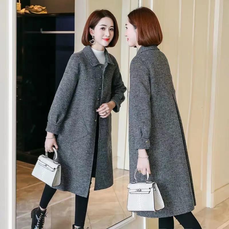 Woolen Coat Women Can't Afford To Ball Mid-length Autumn and Winter Houndstooth Loose Doll Collar Woolen Coat