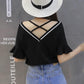 V-neck T-shirt Women Loose Shoulder Short-sleeved Off-shoulder Open Back Flared Sleeve Top Clothes Bottoming Shirt Compassionate Sweet Style