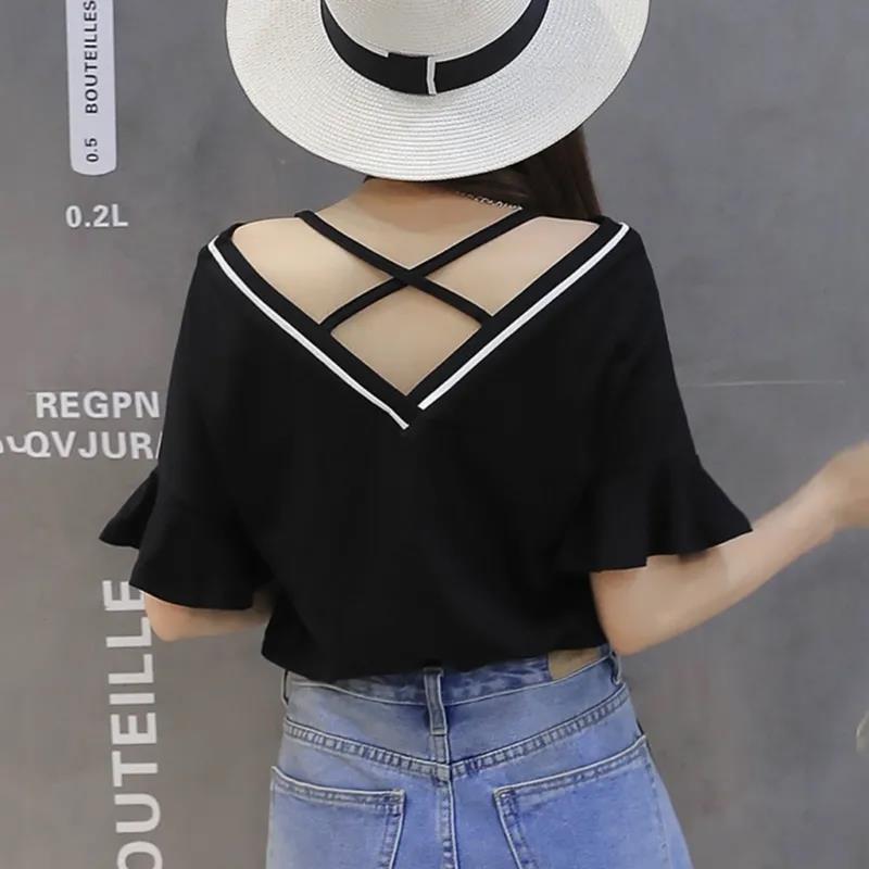 V-neck T-shirt Women Loose Shoulder Short-sleeved Off-shoulder Open Back Flared Sleeve Top Clothes Bottoming Shirt Compassionate Sweet Style