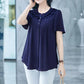 Large Size Short-sleeved Top Women's Round Neck Fungus Edge Collar Loose Thin Shirt Solid Color Chiffon Shirts Button Up Casual All Match Blouses Top
