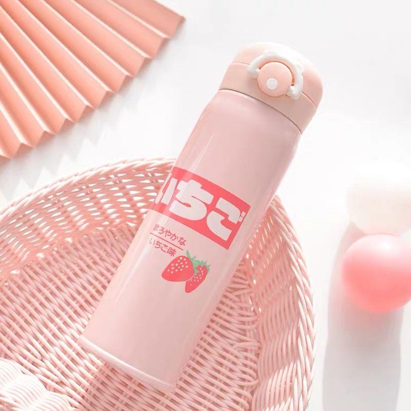 350/500ml Stainless Steel Thermos Coffee Tea Milk Travel Mug Gift Cute Water Bottle Cartoon Strawberry Insulated Vacuum Flask