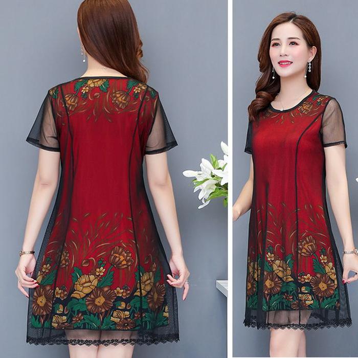 XL-XXXXXL Plus Size  Mid-length Printed Round Neck Thin Chiffon Neck Short Sleeve  Over-the-knee Dress Mom A-line Skirt