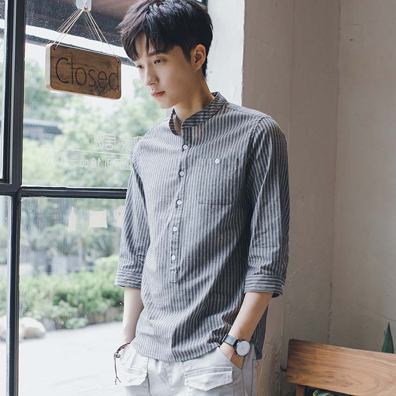 Summer Men's Shirt 7-quarter Sleeves Stand Collar Striped Shirt All-match Casual Short-sleeved Shirt