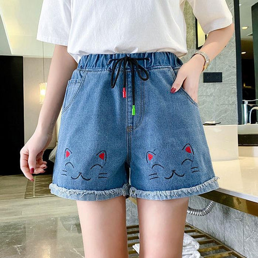 Embroidered Denim Shorts Women's Loose Ripped Wide Leg Large Size 150kg High Waist A-line Pants