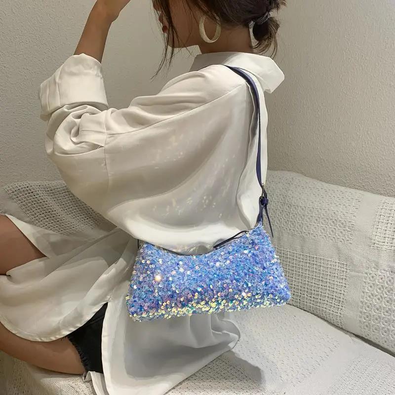 Shiny Sequins PU LeatherElegant Baguette Bag Armpit Bag for Women Shoulder Handbags Lady Simple