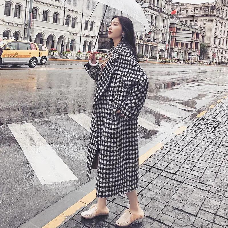 Autumn and Winter Woolen Coat Black and White Houndstooth Long Woolen Coat Over The Knee and Waist Plus Size Women's Woolen Coat