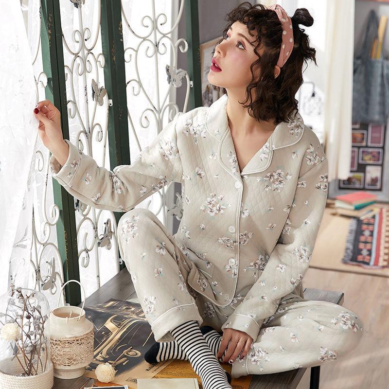 Pajamas Set Laminated Cotton Pajamas Women's Thin Quilted Thickened Large Size Air Cotton Warm Pajamas Home Service Suits Are Soft and Warm