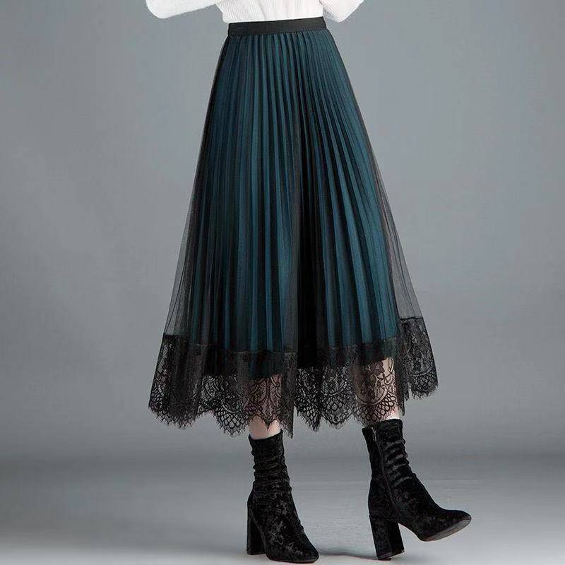 Half-length Skirt Women's Plus Size High-waist Lace Pleated Skirt Mid-length Mesh Skirt Worn on Both Sides