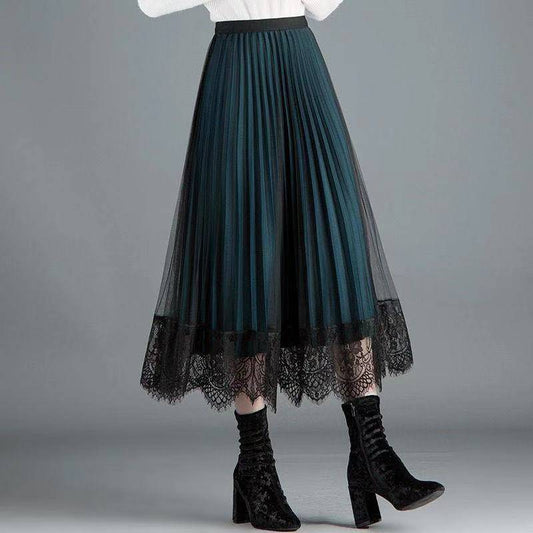 Half-length Skirt Women's Plus Size High-waist Lace Pleated Skirt Mid-length Mesh Skirt Worn on Both Sides