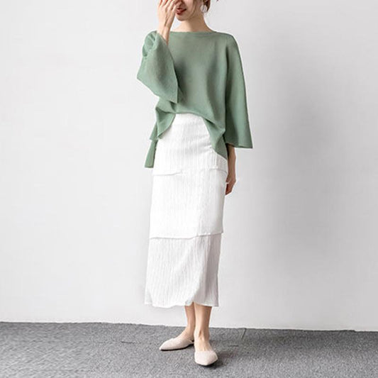 Knit Sweater Women Loose T-shirt Thin Spring, Summer and Autumn Trumpet Three-quarter Sleeves One-shoulder Top