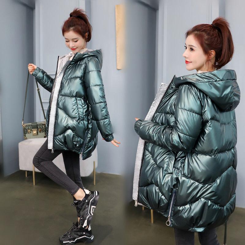Winter Warm and Fashionable Waterproof Bright Cotton Dress Women's Mid-length Hooded Loose Down Cotton Jacket