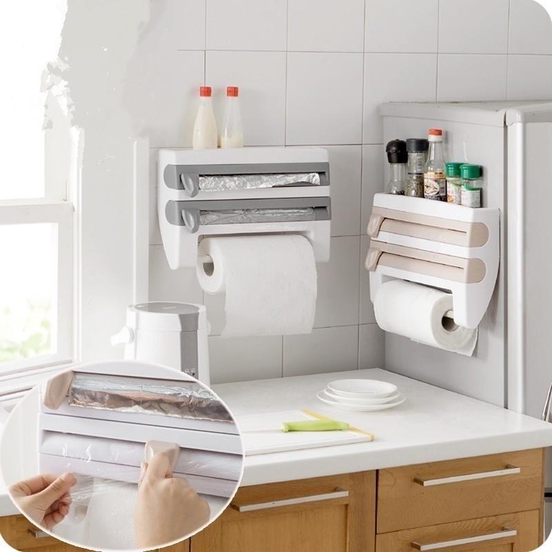 Kitchen Cling Film Cutting Holder Tin Foil Paper Storage Rack Paper Towel Holder Shelf Organizer