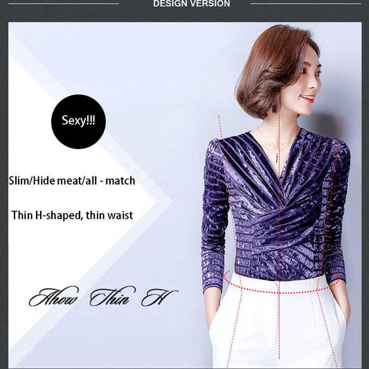 Autumn Winter Plus Velvet Pullover Long-sleeve V-neck Velvet Blouse Slim Plus Size Sweater Women
