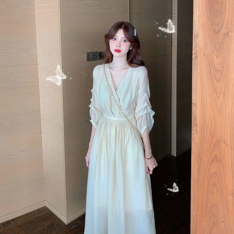 Female Large Size Elegant Holiday Dress Summer High Waist Slim Vintage Gentle Long Vacation Dress