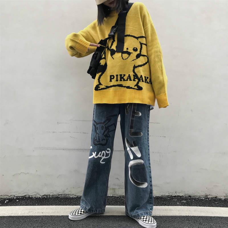 Pofulove Winter Pullover Sweater Women Pikachu Cartoon Pattern Harajuku Style Shirt Round Neck Loose