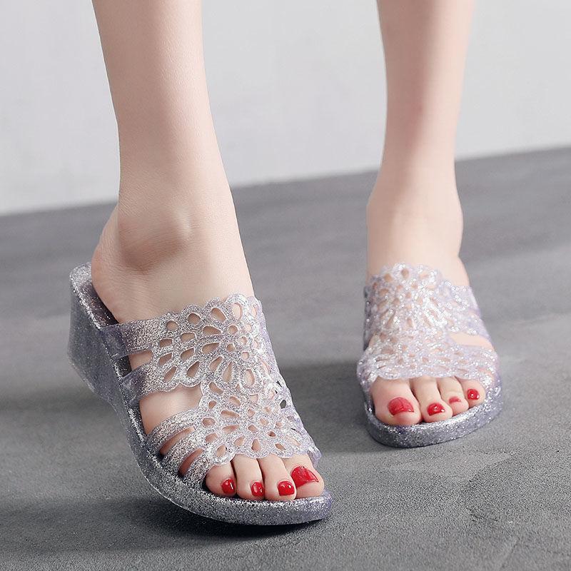 High-heeled Sandals and Slippers Plastic Non-slip Home Bathroom Thick-soled Slippers Ladies Beach Shoes Outer Wear Fish Mouth Sandals