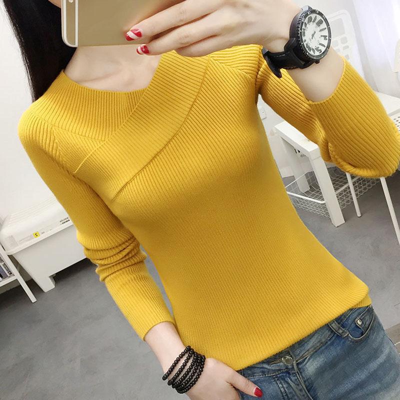 Autumn and Winter V-neck Slim Bottoming Shirt Fashion Casual Knit Top Solid Color Long-sleeved Women's Sweater