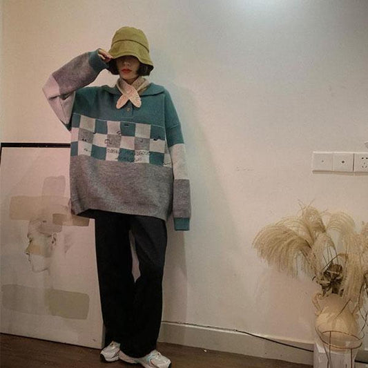 Autumn and Winter Pullover Loose Plaid Sweater Female Student Mid-length College Style Sweater Coat