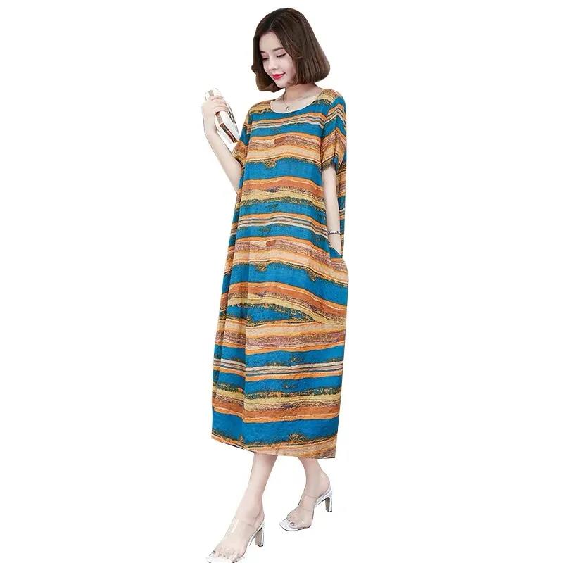 Women's Dress Loose Large Size Fat MM Dress Covering Belly Was Thin Striped Mid-length Skirt O-neck Short-sleeved Long Casual Loose Dress