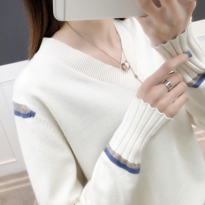 Women Sweater Winter Long Sleeve Sweater V-Neck Pullover Slim Knit Basic Knitted Sweaters