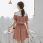 Ladies Off-shoulder Loose Mid-length Dress A-line Version Dress with Waist Slimming Ruffled Sweet and Cute Ladies Off-shoulder Dress