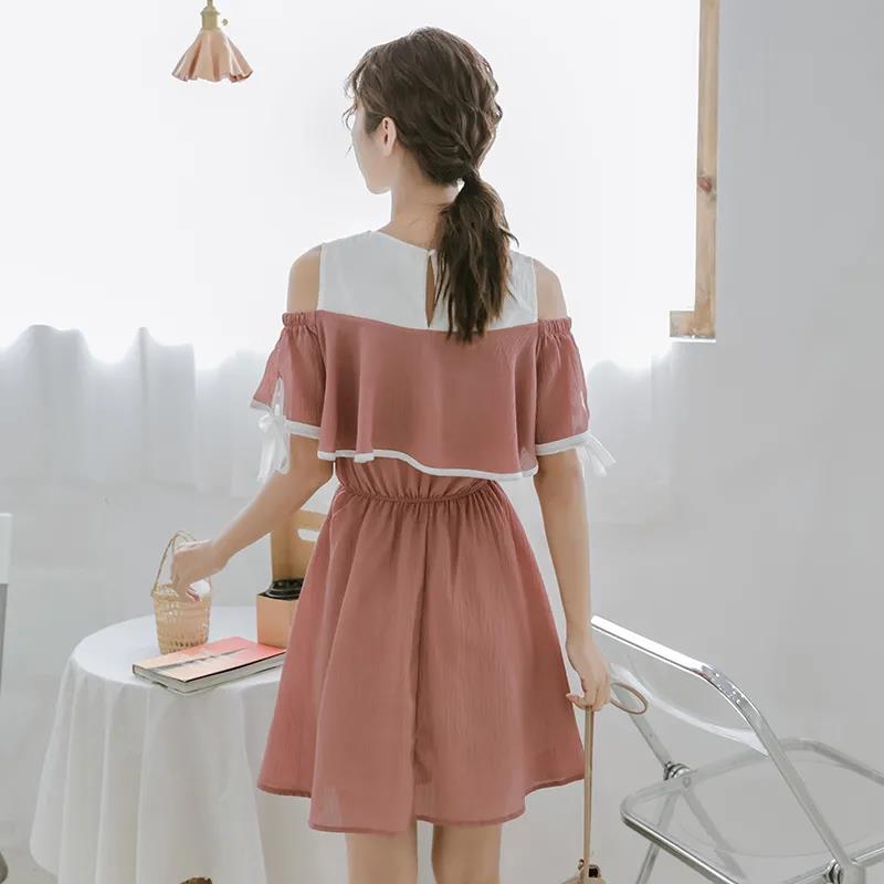 Ladies Off-shoulder Loose Mid-length Dress A-line Version Dress with Waist Slimming Ruffled Sweet and Cute Ladies Off-shoulder Dress