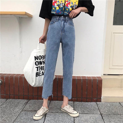 WTEMPO Retro High-waisted Jeans Schoolgirl  Thin Loose Straight Comfortable and Elastic Nine Pants