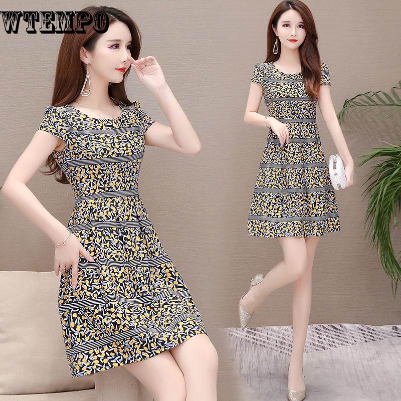 WTEMPO Brand Female Summer Long Section Short-sleeved Floral A-line Skirt Fashion Slim Dress