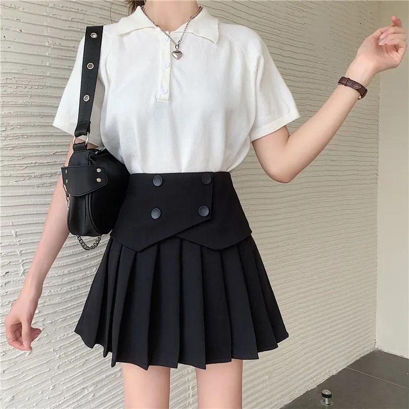 Women's Summer Pleated Skirts Button Design Irregular High Waist Slim A-line Skirts Safety Pants Lining Mini Skirts All Match Casual Tennis Skirt