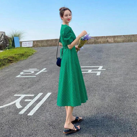 Women's Summer Dress Round Neck Bow Tie Mid-length Skirt