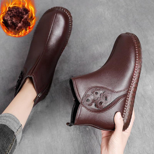 Plus Velvet Padded Cotton Shoes Short Boots Retro Anti-slip Tendon Bottom Real Soft Leather Boots Women