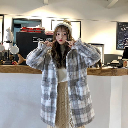 Autumn and winter woolen coat loose hooded woman clothing plaid woolen coat women mid-length