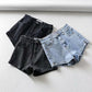 Retro High Waist Slimming Side Slit Denim Shorts Female Summer Stretch All-match Long Hip Pants