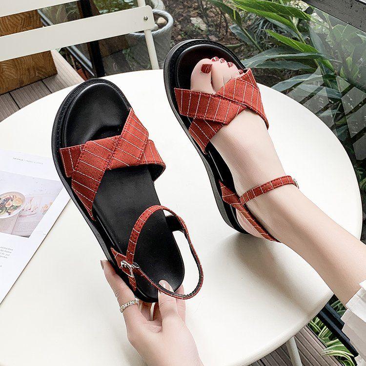 Summer Sandals Female Students  College Style Flat Sandals Female Outer Wear Fashion Thick-soled Roman Sandals Women