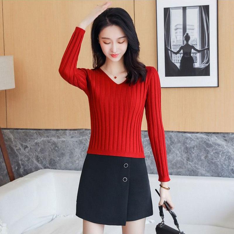 Autumn and Winter Knitted V-neck Sweater All-match Slim Short Top Small Simple Solid Color Female Bottoming Shirt