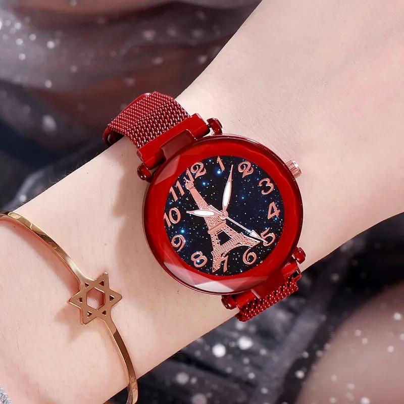 Paris Eiffel Tower Starry Quartz Watch Women's College Style Student Korean Vintage Simple Iron Magnet Luminous Mesh Belt Watch