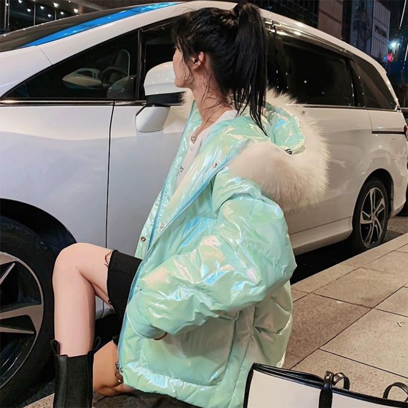 Women's Glossy Loose Down Jacket Mid-length Korean Thick Coat Warm Cotton Coat with Big Fur Collar Winter Quilted Jacket