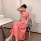 One-line Collar Strapless Dress Summer Sweet Temperament Small Fresh Mid-length A-line Skirt Waist Was Thin and Elegant Temperament Retro Style