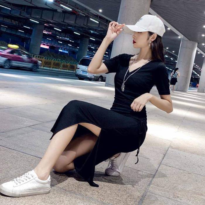 Pofulove S-XL Women Short-sleeved Split Drawstring A-line Dress Sexy Long Knit V-neck T-shirt Dress