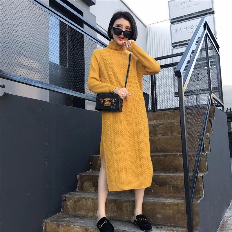 Pofulove Winter High-neck Long Over-the-knee Split Sweater Skirt Women Loose Thick Bottoming Shirt