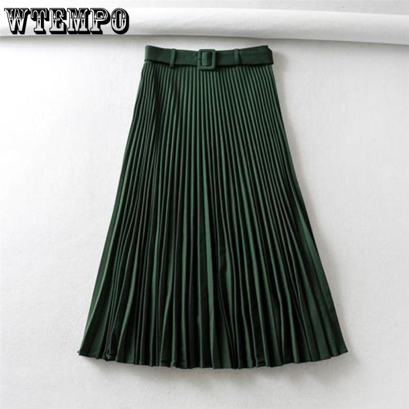 Skirt+Belt Female Pleated Skirt Euro-American Women's Fashion Pure Colored  Loose Half-length Skirt